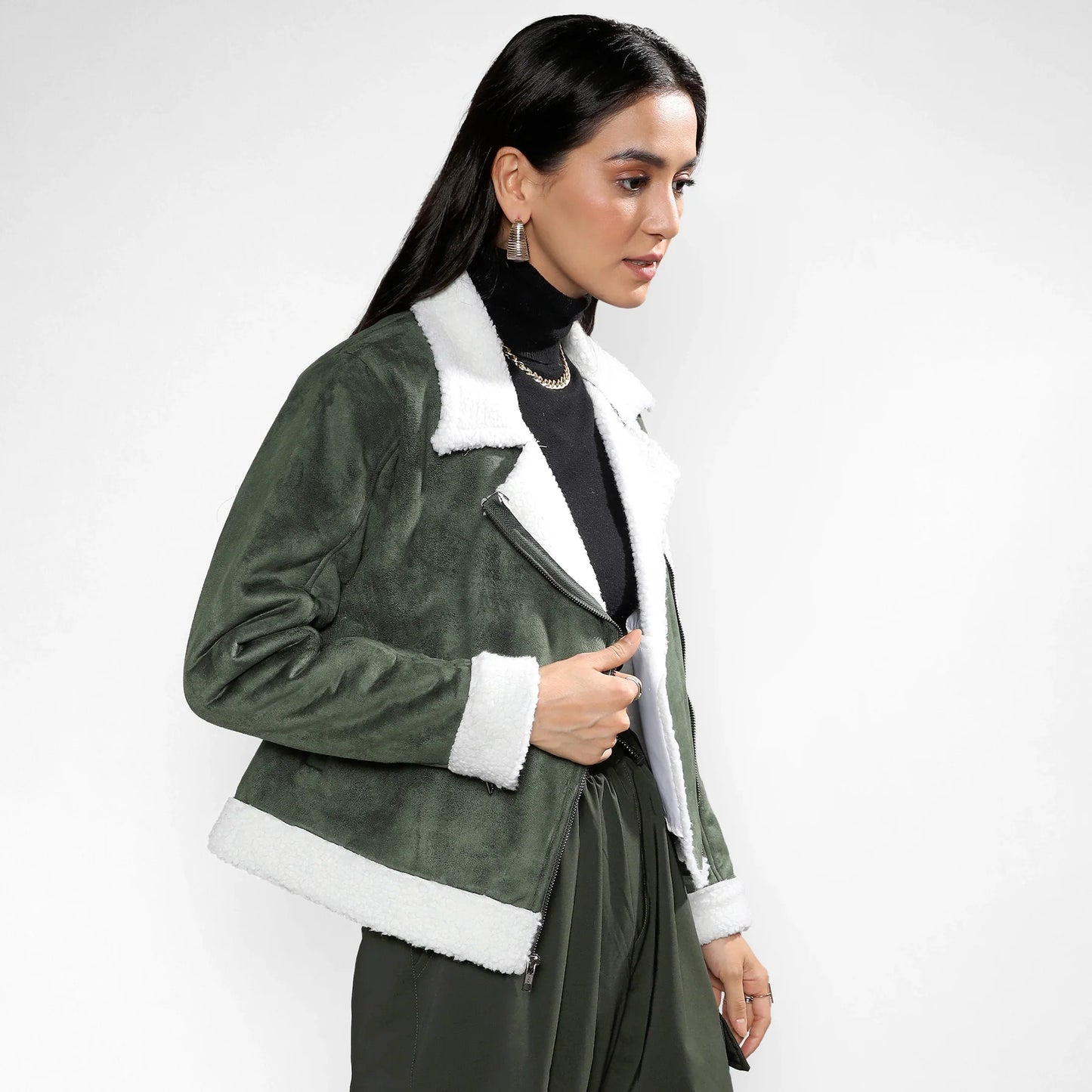 Seaweed Green Fleece Lined Biker Jacket
