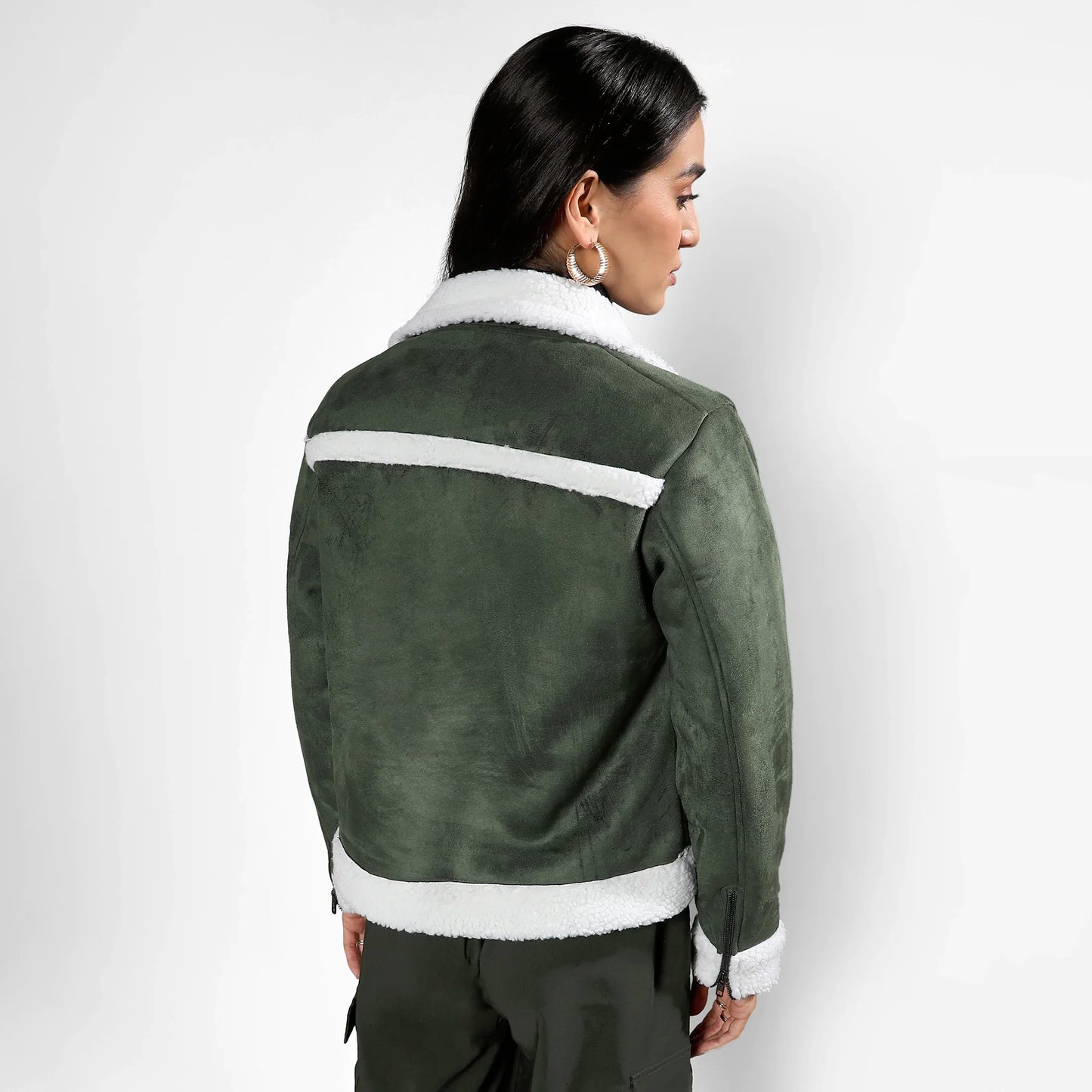 Seaweed Green Fleece Lined Biker Jacket