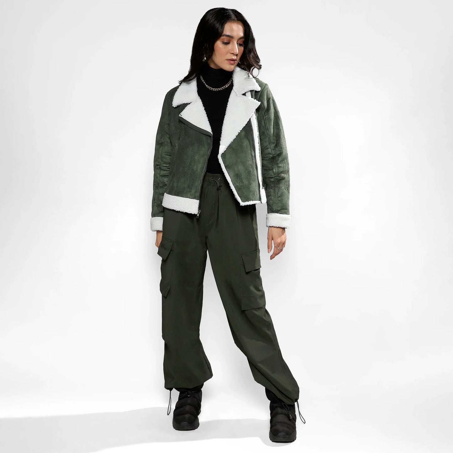 Seaweed Green Fleece Lined Biker Jacket