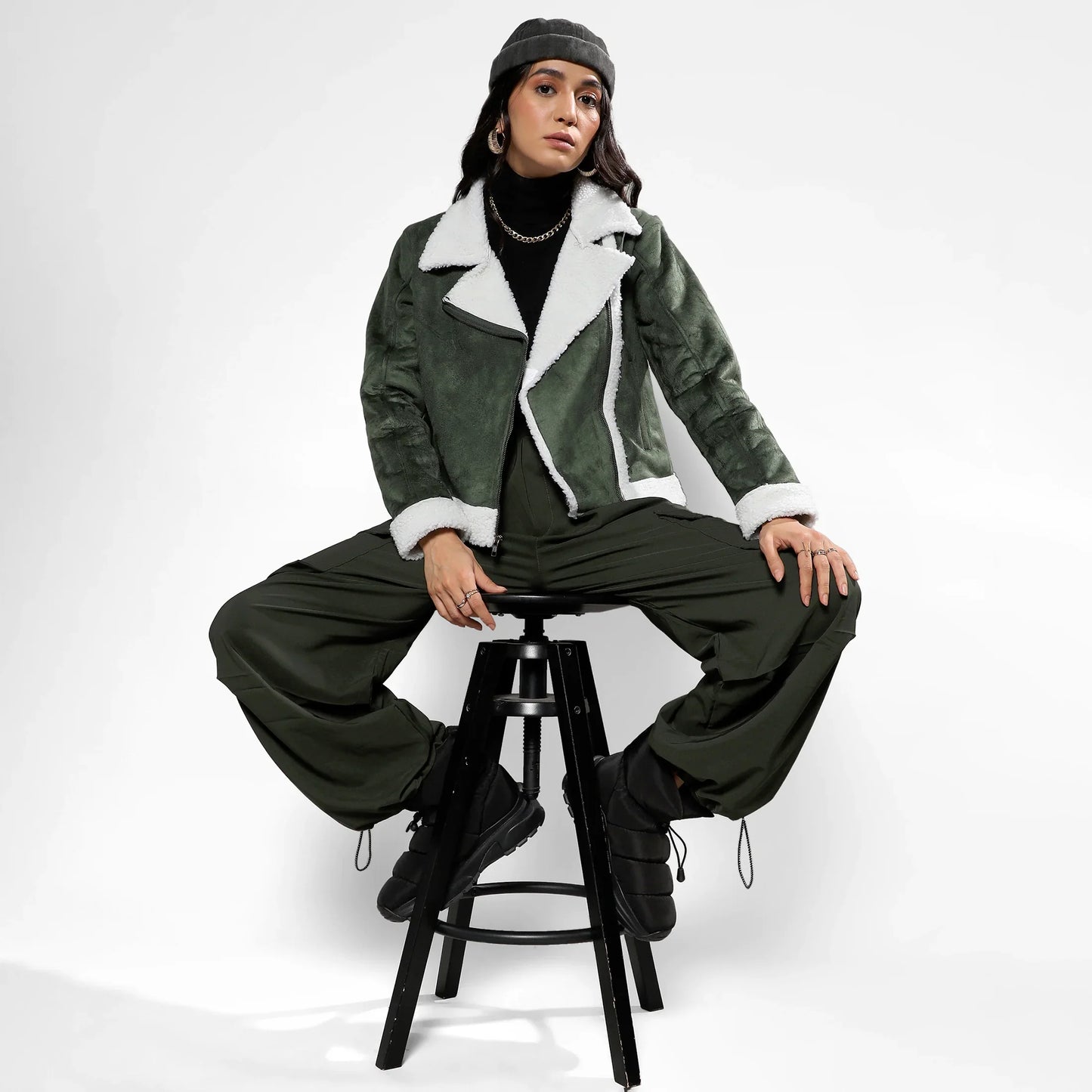 Seaweed Green Fleece Lined Biker Jacket