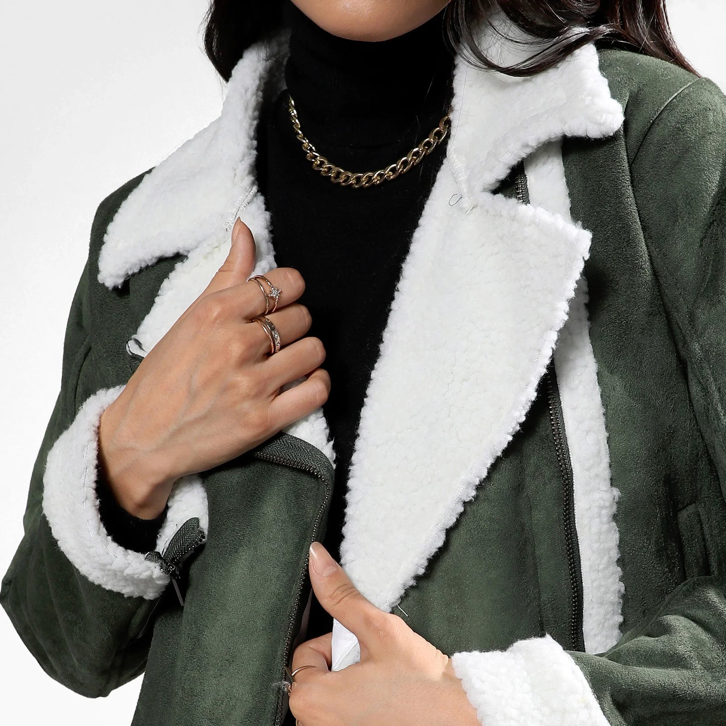 Seaweed Green Fleece Lined Biker Jacket