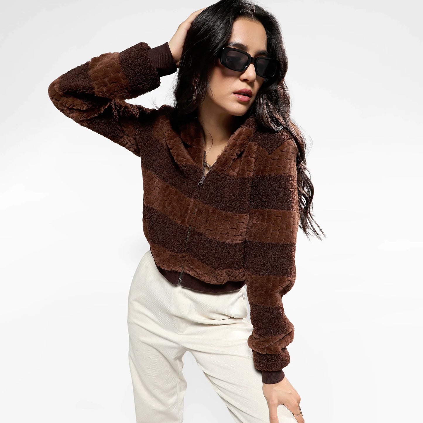 Chocolate Brown Fleece Horizontal Striped Jacket