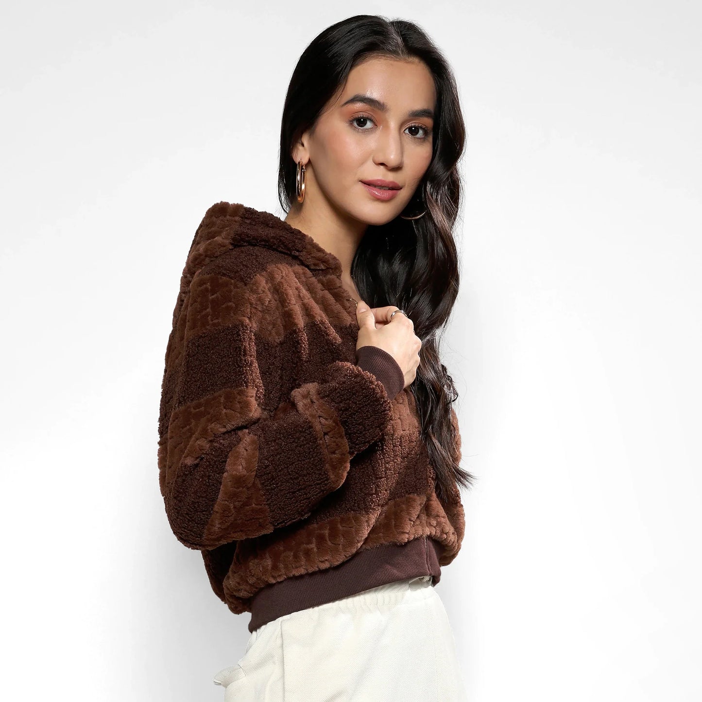 Chocolate Brown Fleece Horizontal Striped Jacket