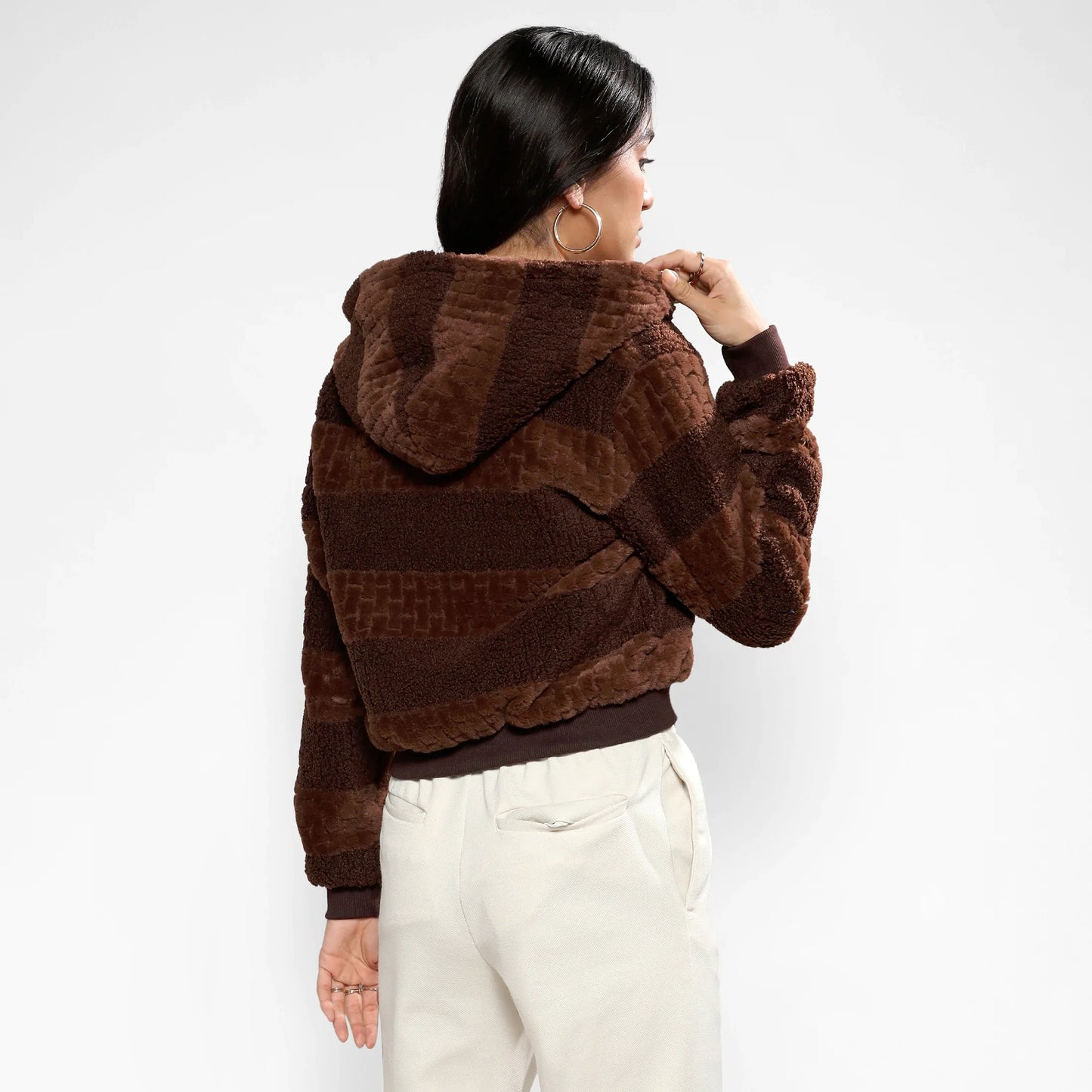 Chocolate Brown Fleece Horizontal Striped Jacket