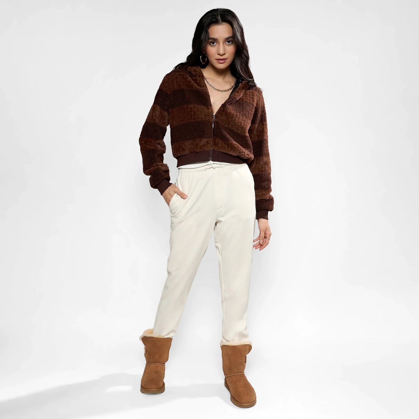 Chocolate Brown Fleece Horizontal Striped Jacket