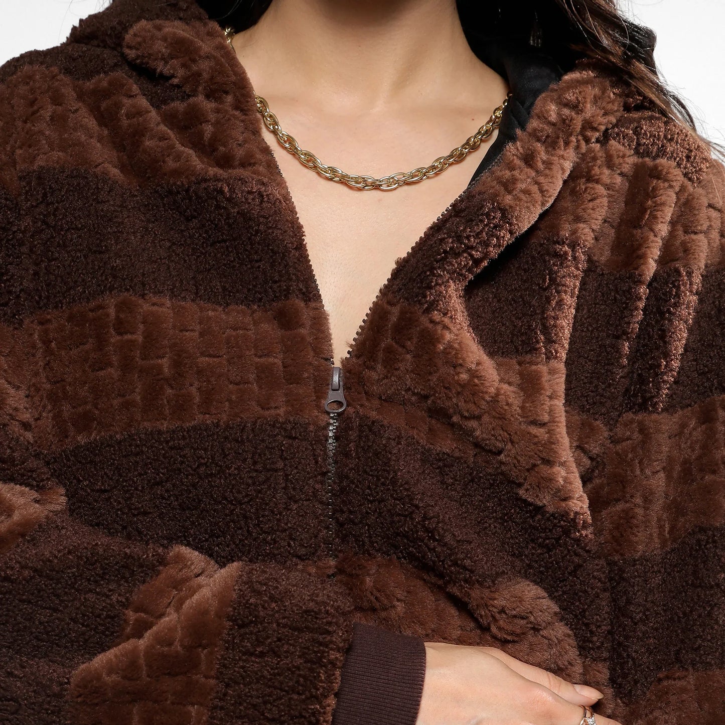 Chocolate Brown Fleece Horizontal Striped Jacket