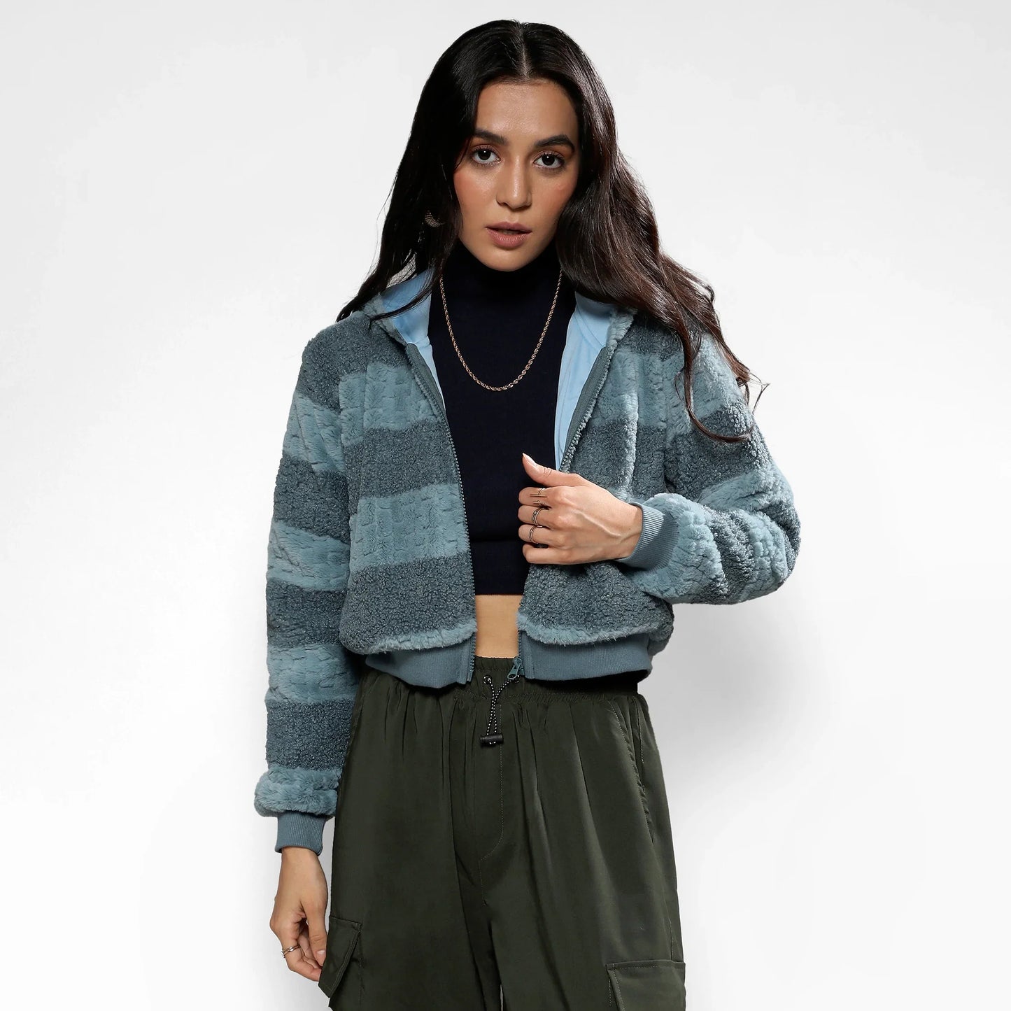 Steel Blue Fleece Horizontal Striped Jacket
