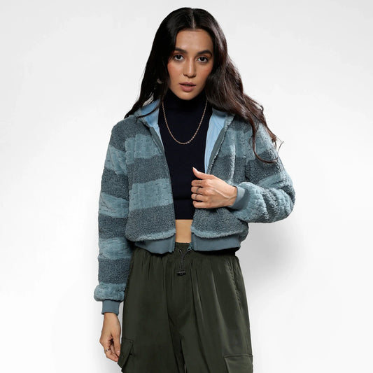 Steel Blue Fleece Horizontal Striped Jacket