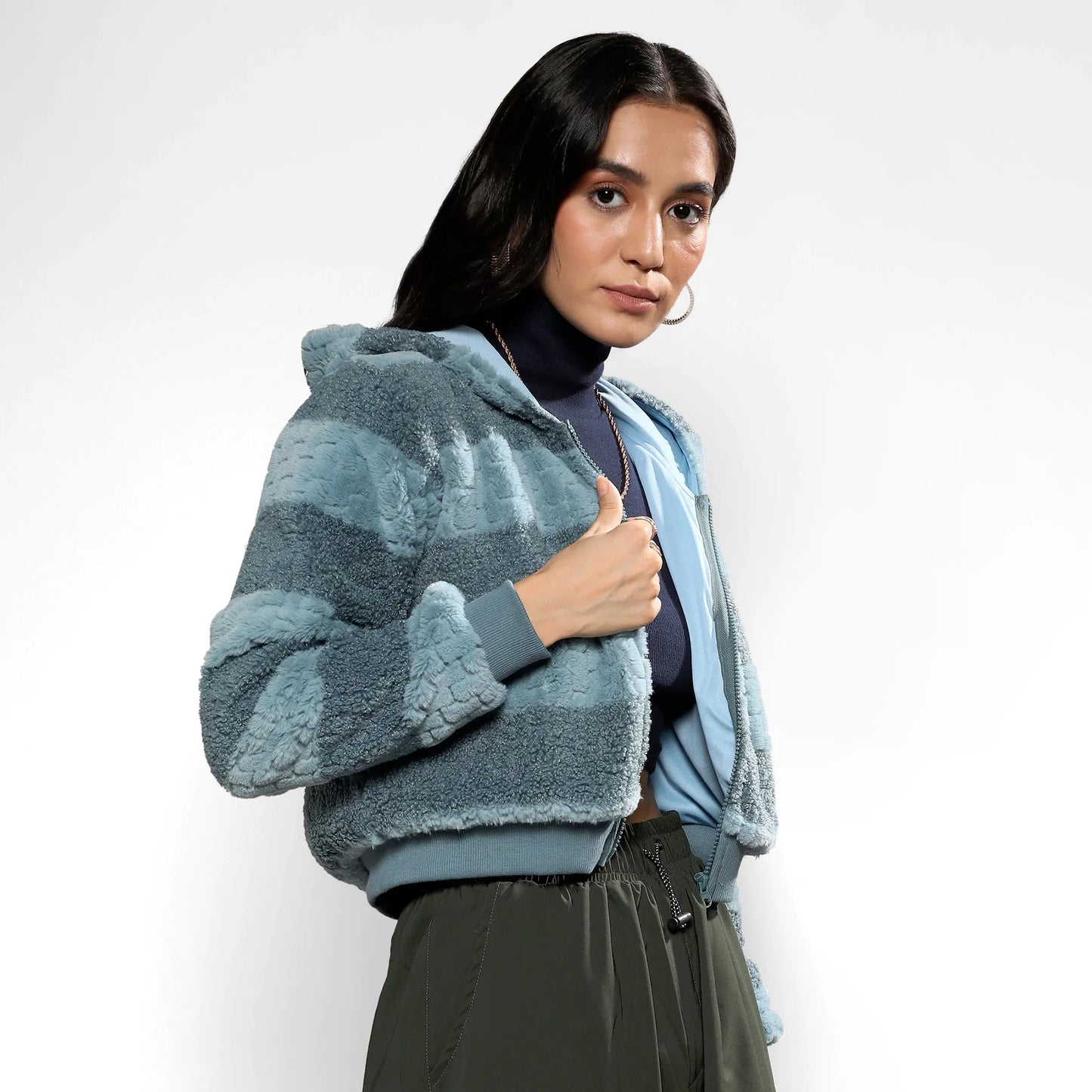 Steel Blue Fleece Horizontal Striped Jacket
