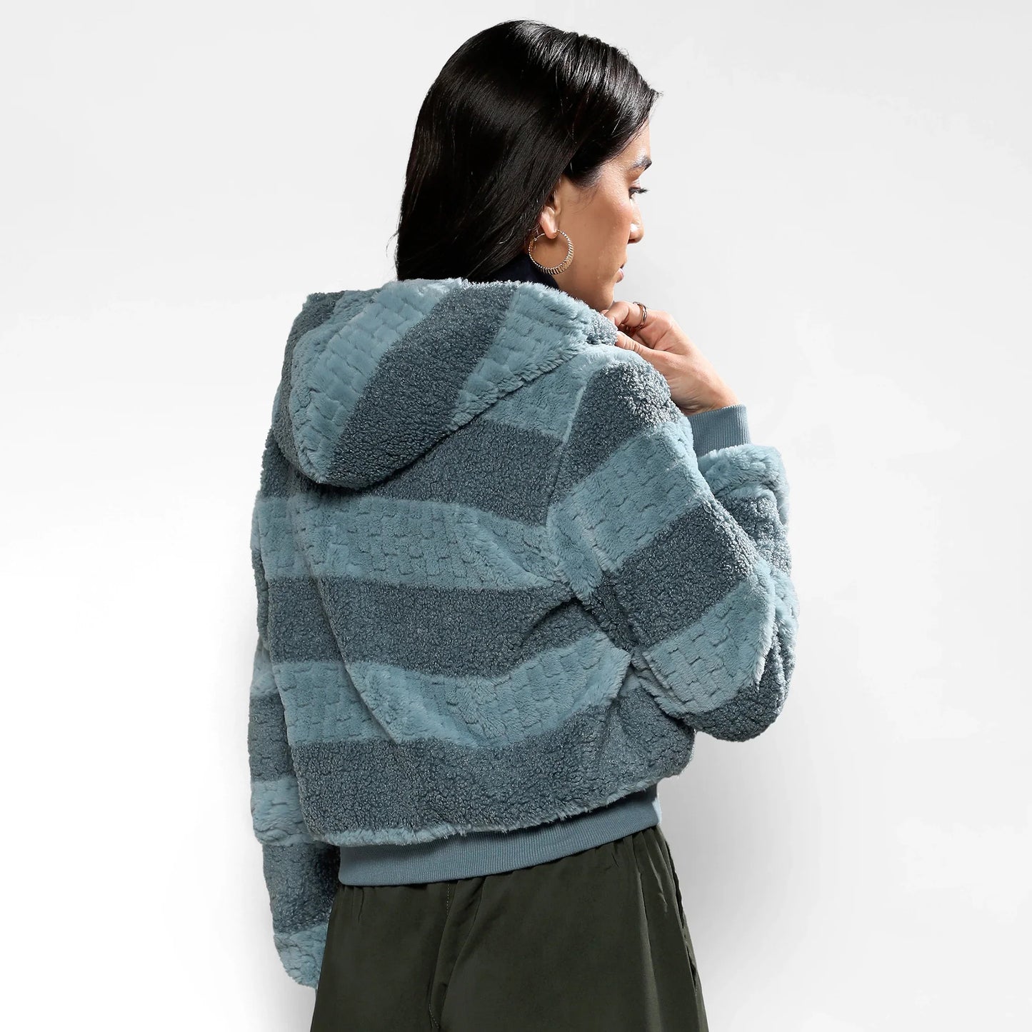 Steel Blue Fleece Horizontal Striped Jacket