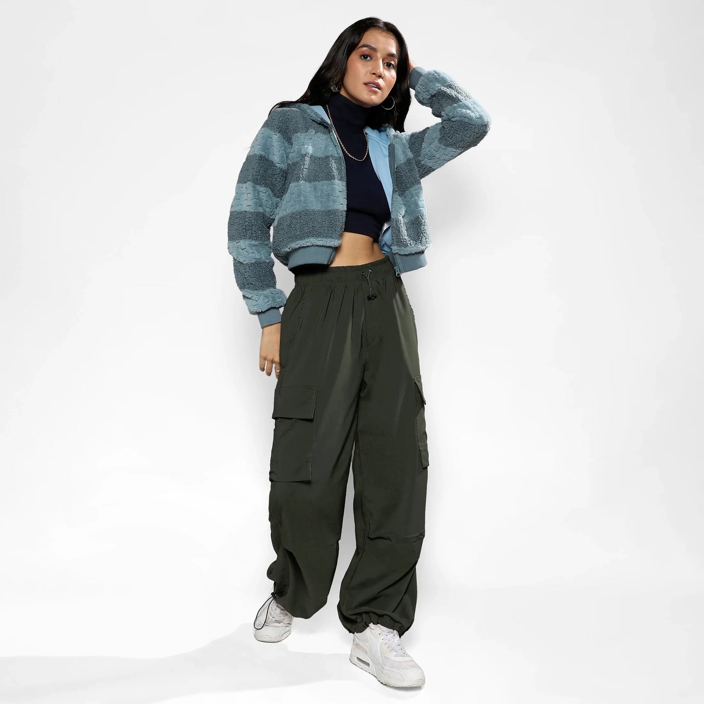 Steel Blue Fleece Horizontal Striped Jacket