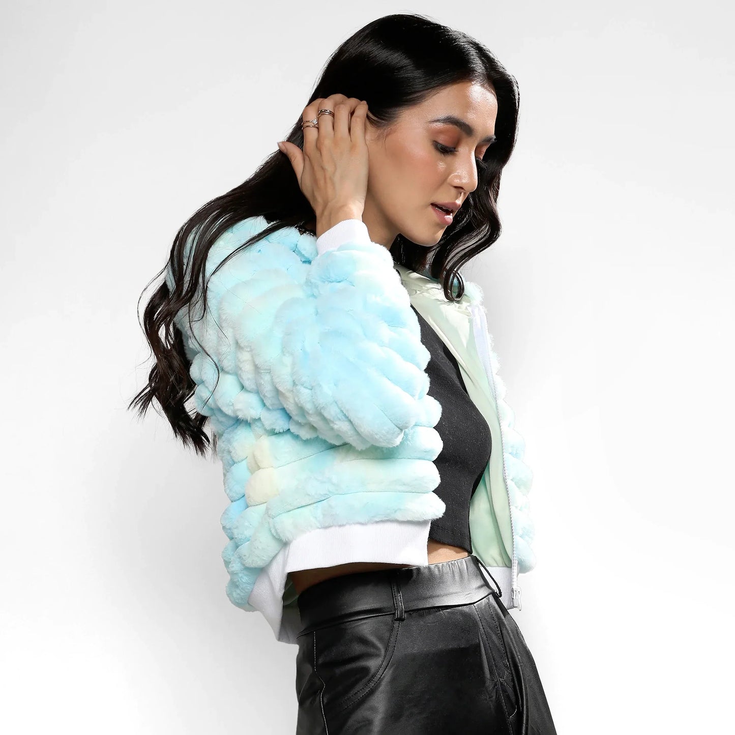 Light Blue Faux Fur Cropped Jacket