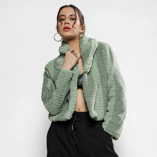 Olive Green Fleece Candy Striped Jacket