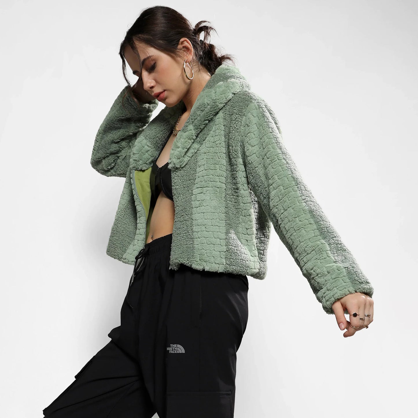 Olive Green Fleece Candy Striped Jacket