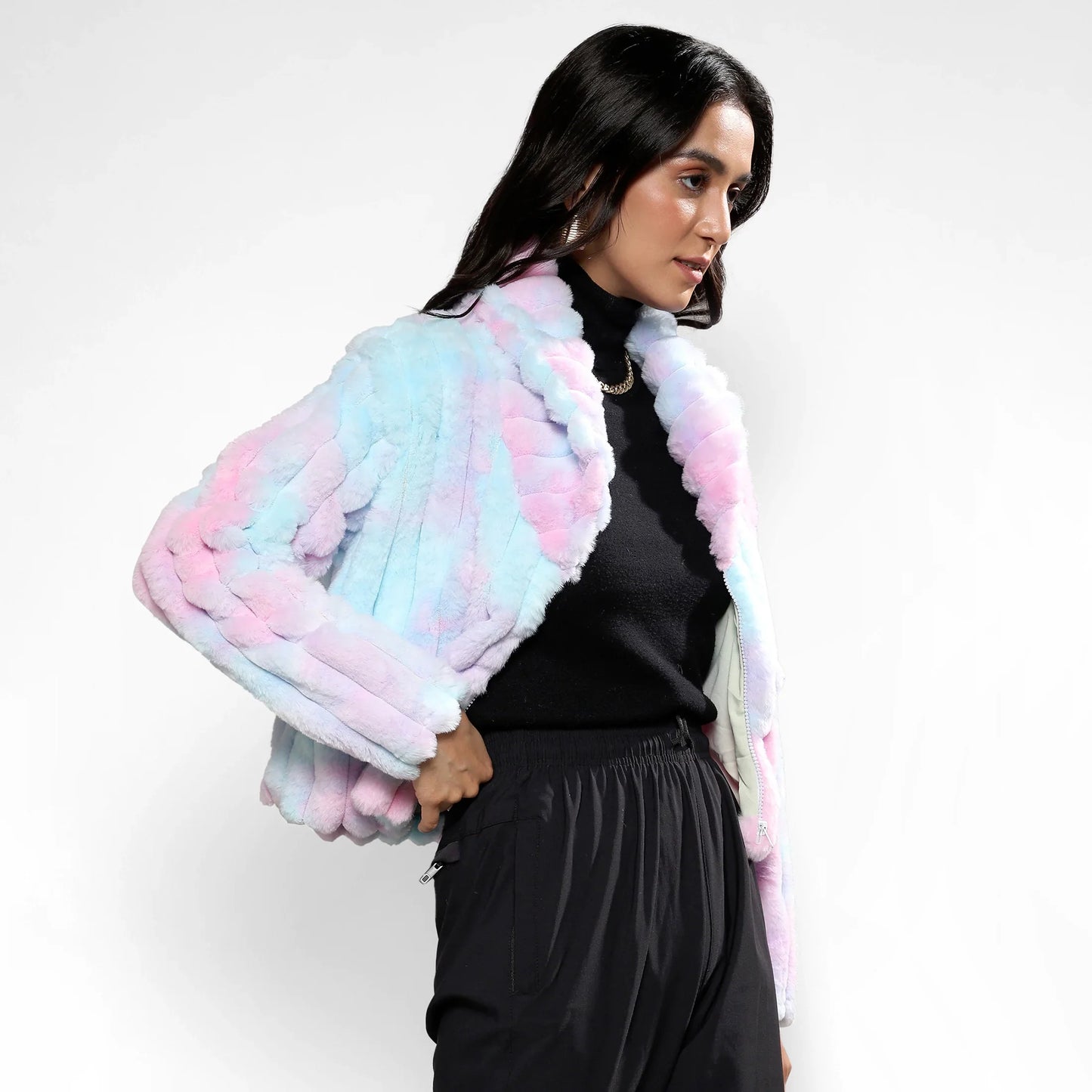 Powder Blue & Blush Pink Bubblegum Ripple Faux Fur Jacket