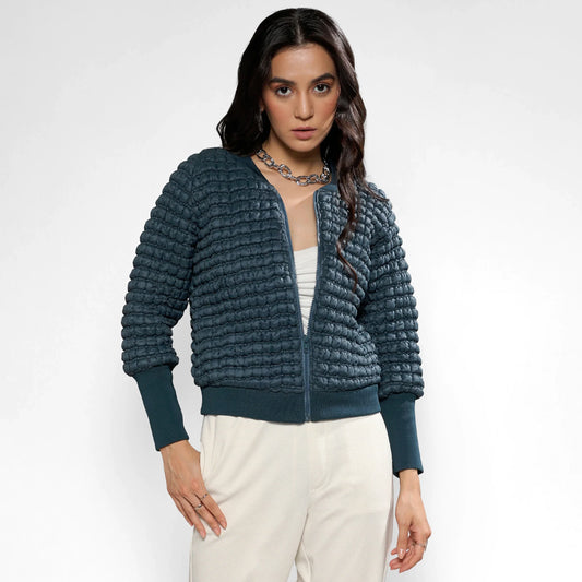 Teal Blue Creased Ripple Quilted Puffer Jacket