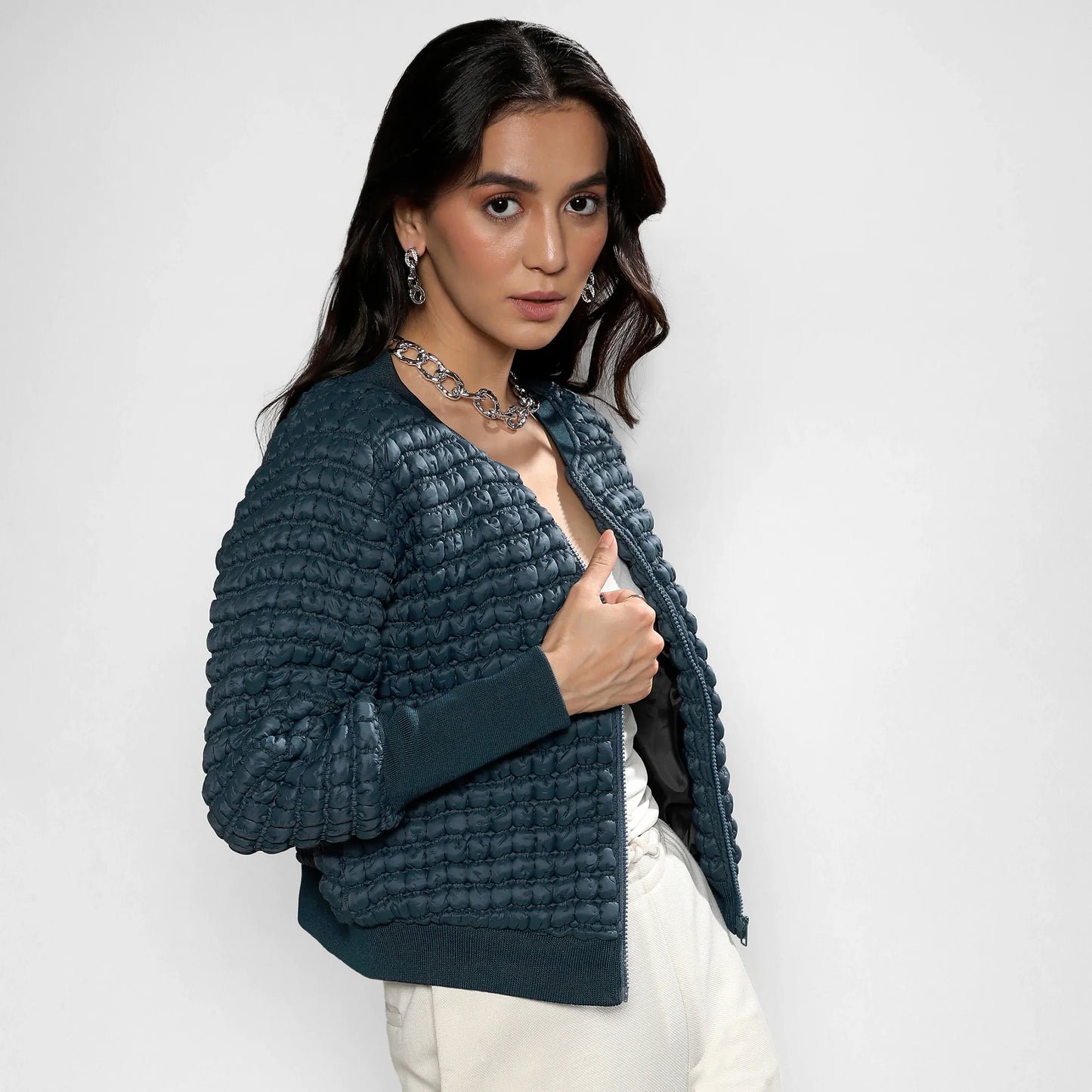 Teal Blue Creased Ripple Quilted Puffer Jacket