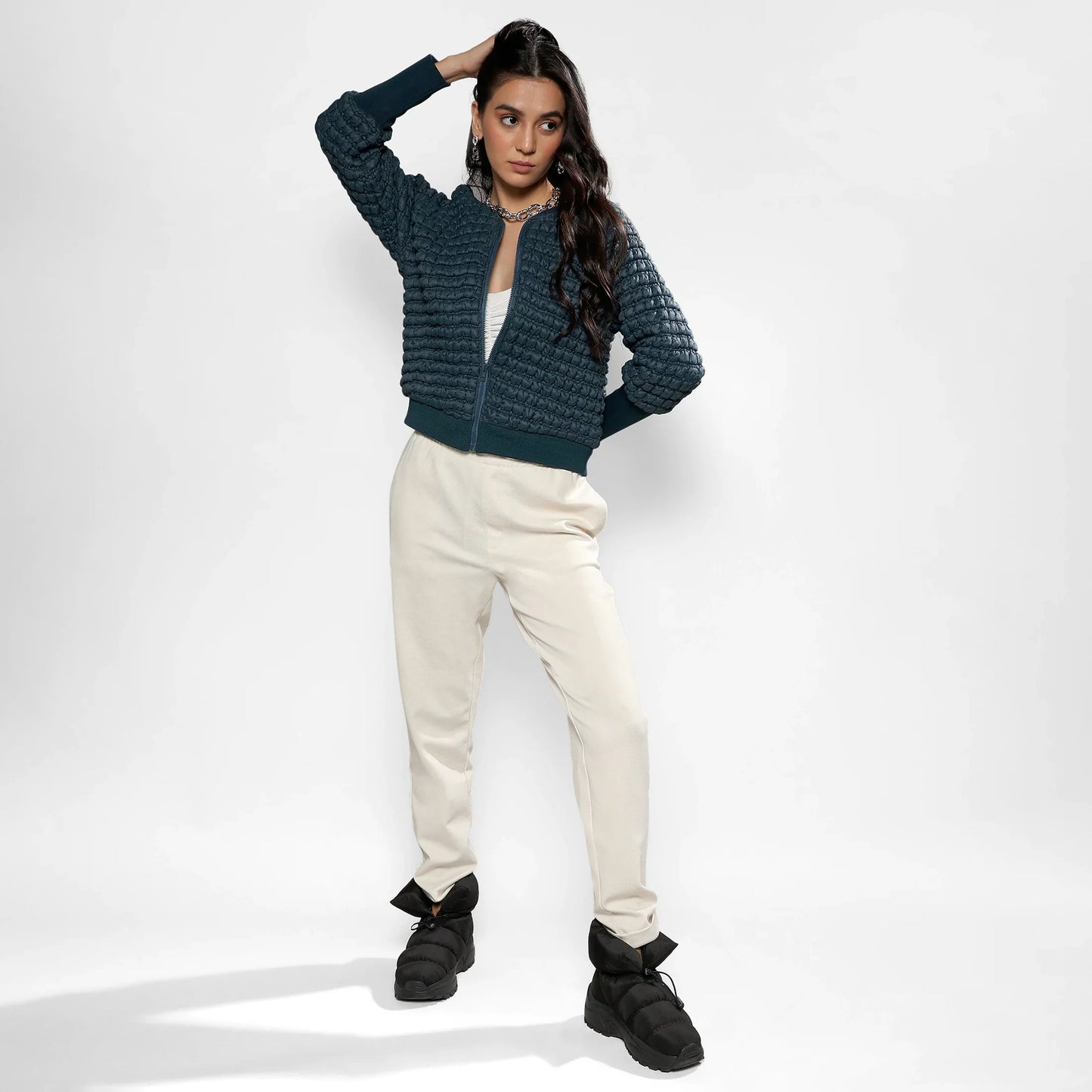 Teal Blue Creased Ripple Quilted Puffer Jacket