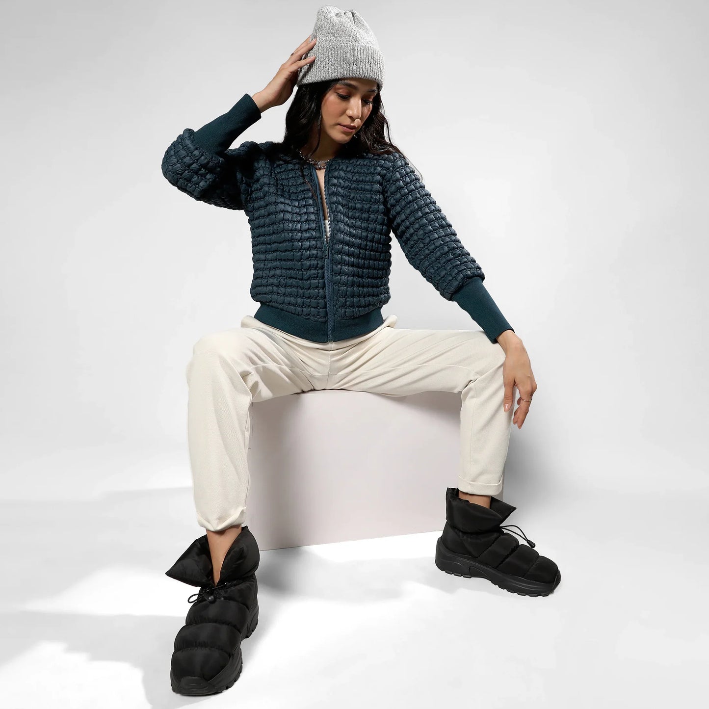 Teal Blue Creased Ripple Quilted Puffer Jacket
