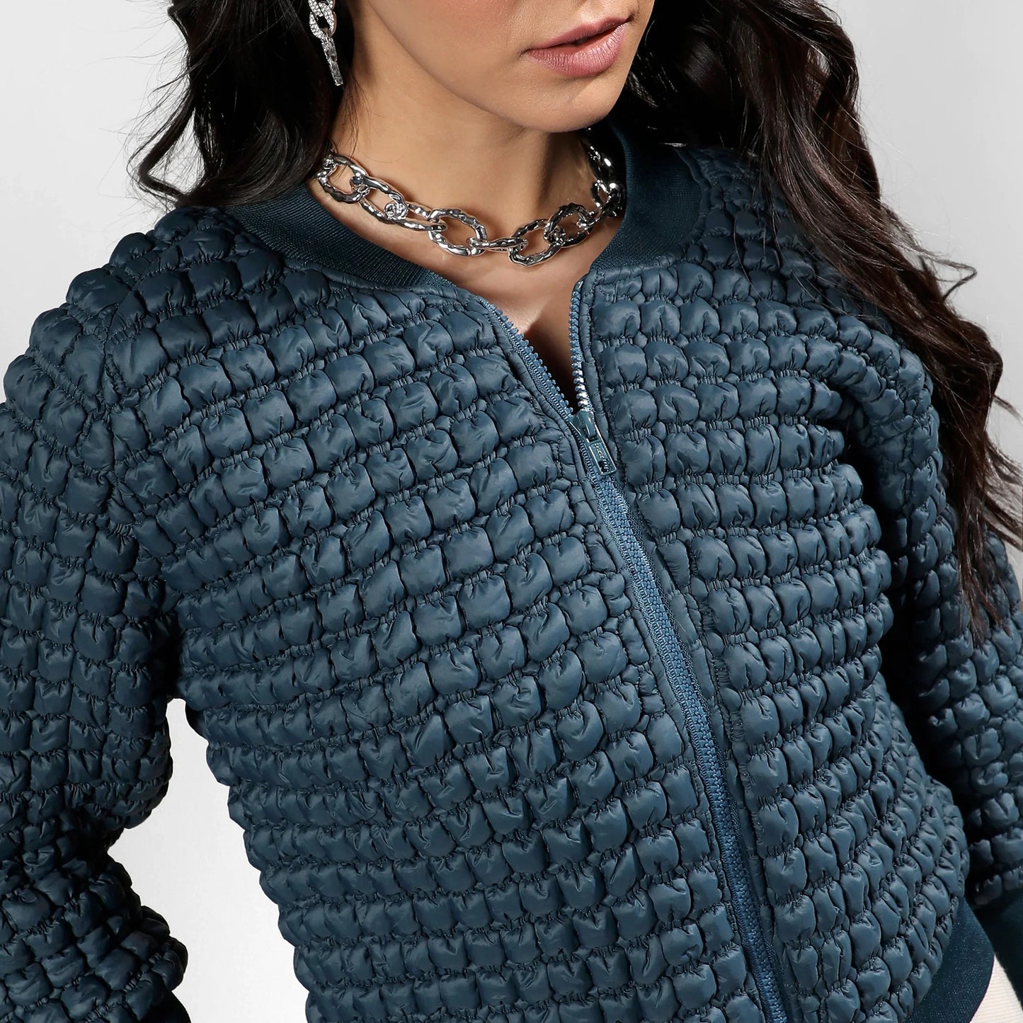 Teal Blue Creased Ripple Quilted Puffer Jacket