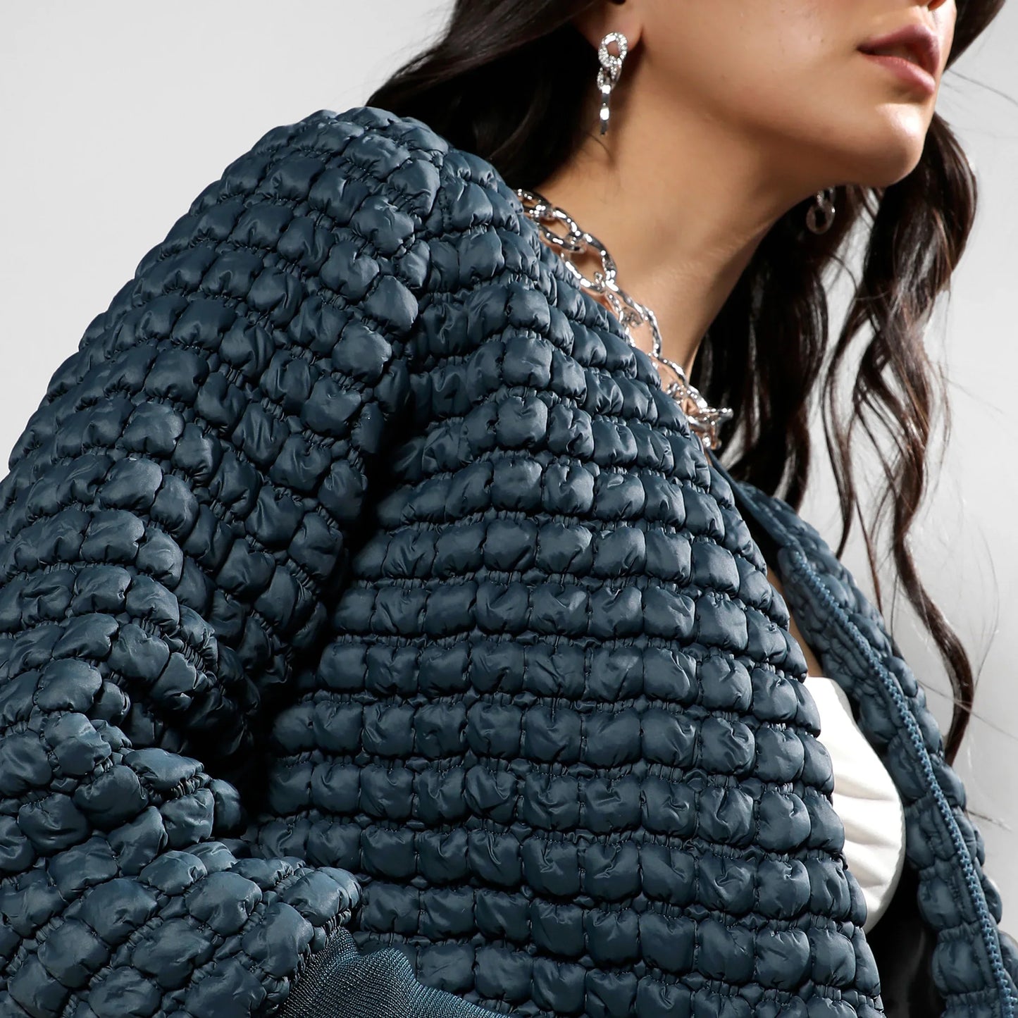 Teal Blue Creased Ripple Quilted Puffer Jacket