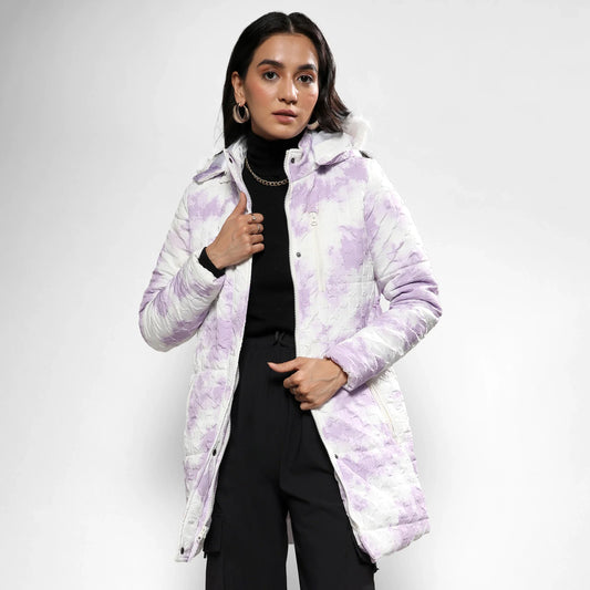 Powder White & Lilac Creased Tie-Dye Puffer Jacket
