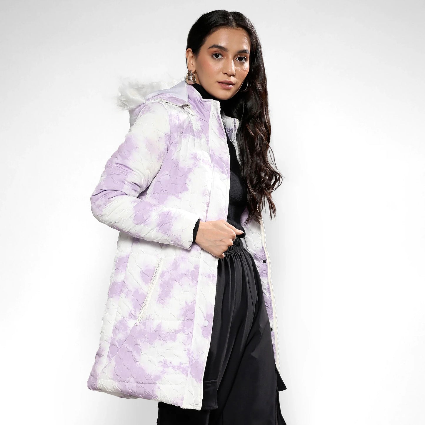 Powder White & Lilac Creased Tie-Dye Puffer Jacket