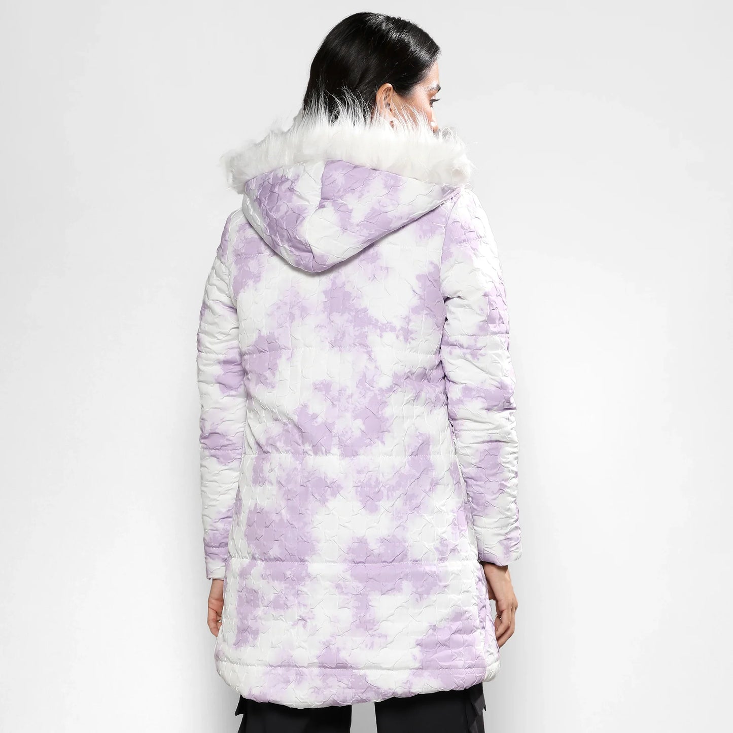 Powder White & Lilac Creased Tie-Dye Puffer Jacket