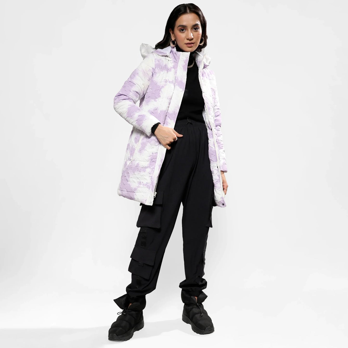Powder White & Lilac Creased Tie-Dye Puffer Jacket
