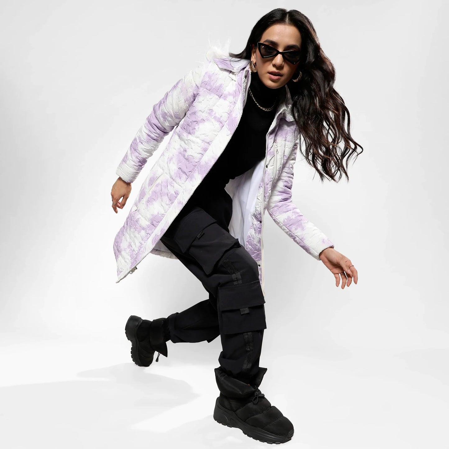 Powder White & Lilac Creased Tie-Dye Puffer Jacket