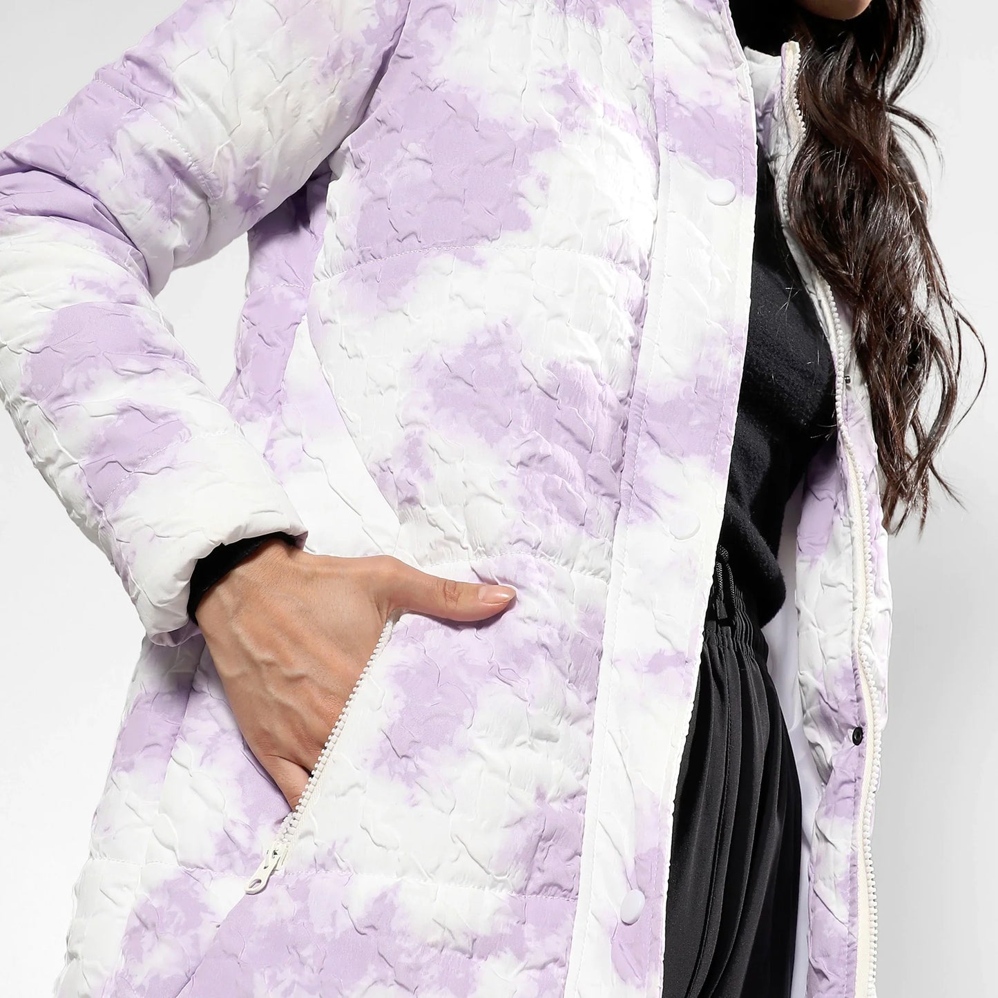 Powder White & Lilac Creased Tie-Dye Puffer Jacket
