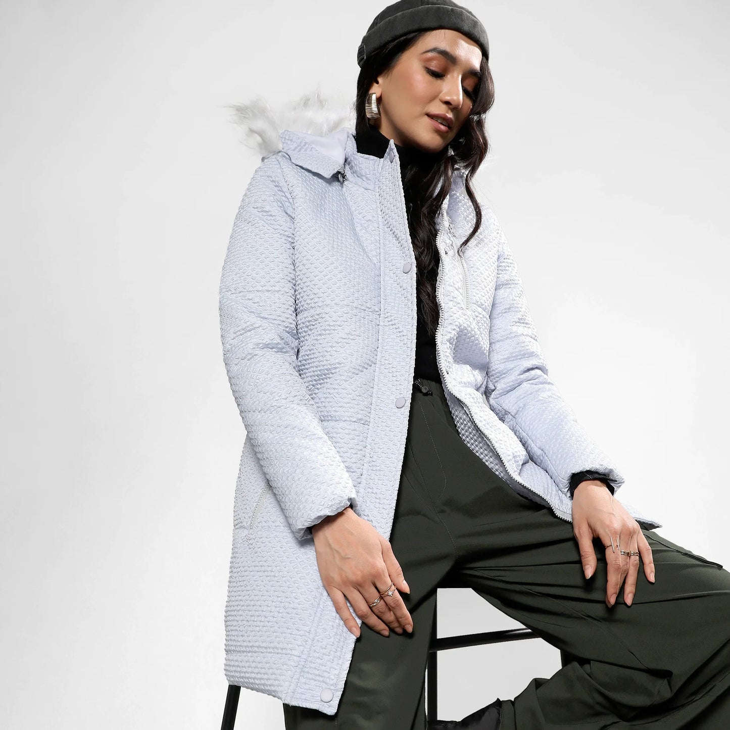 Light Grey Micro Diamond Quilted Puffer Jacket