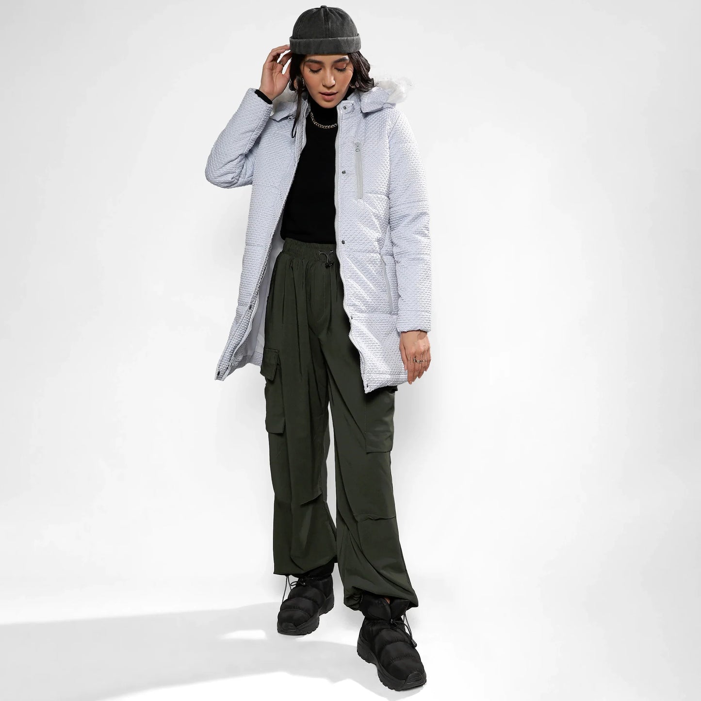 Light Grey Micro Diamond Quilted Puffer Jacket