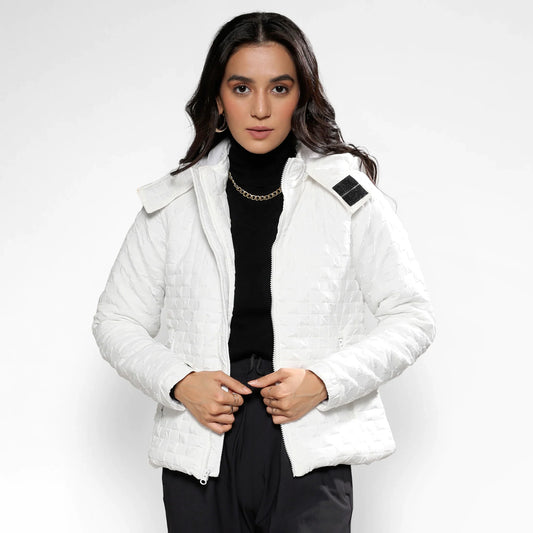 Powder White Buffallo Check Quilted Puffer Jacket