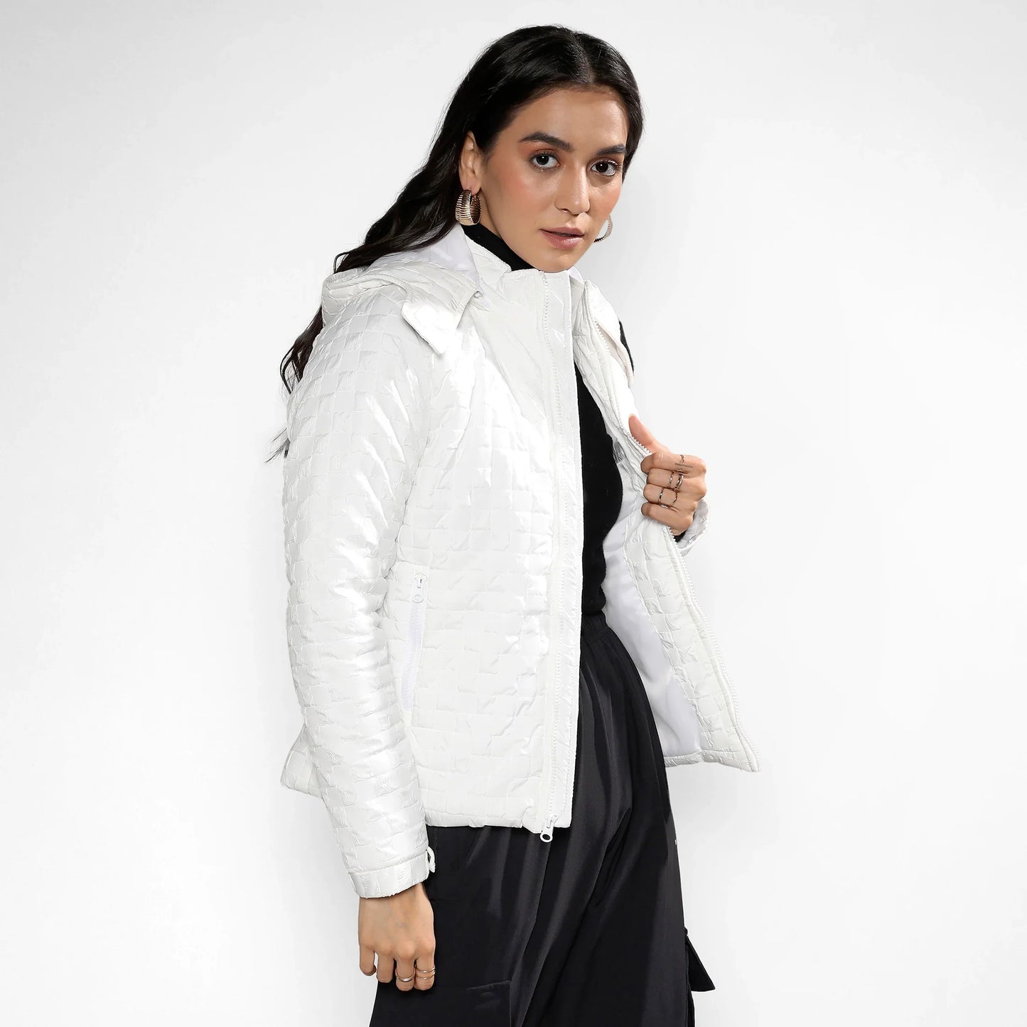 Powder White Buffallo Check Quilted Puffer Jacket