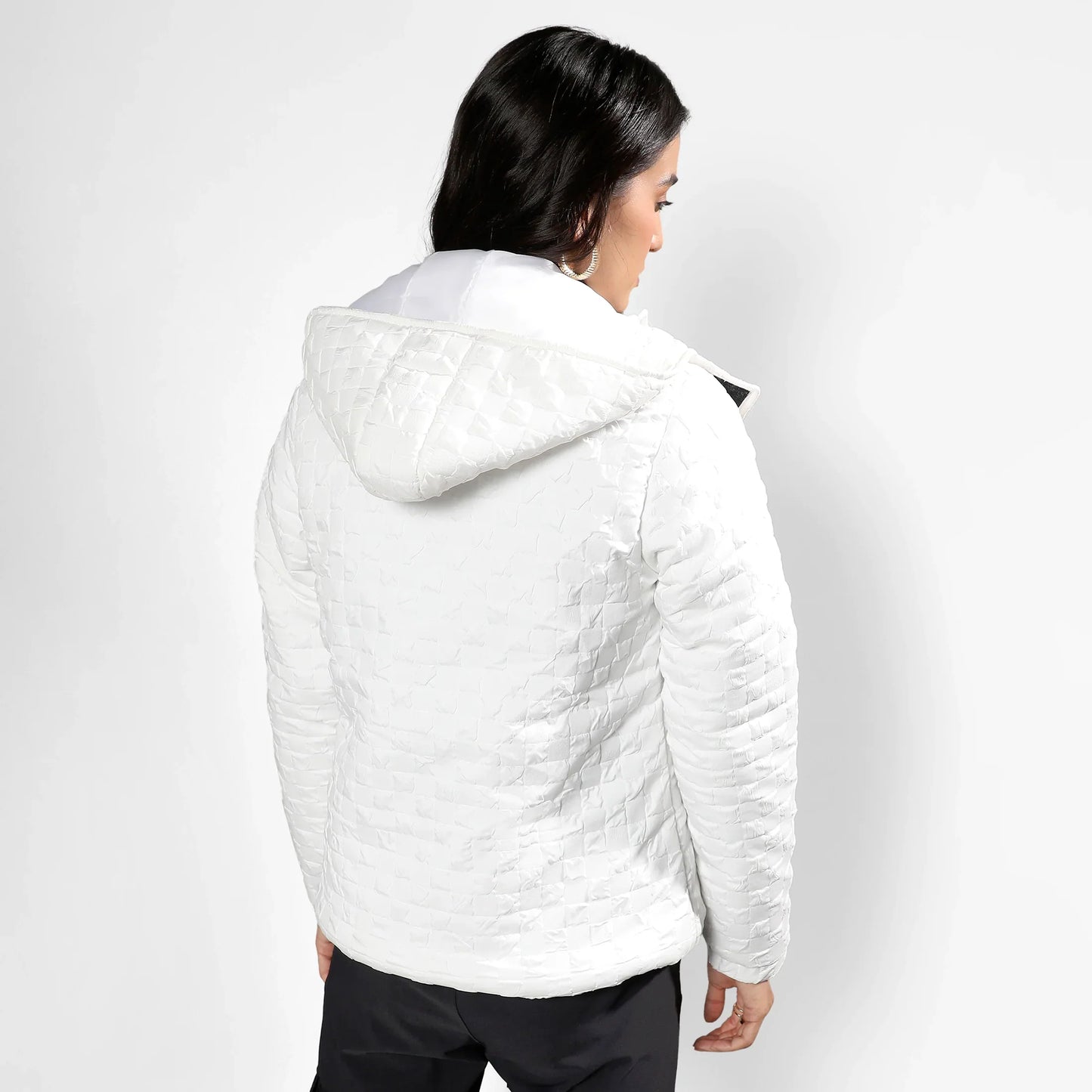 Powder White Buffallo Check Quilted Puffer Jacket