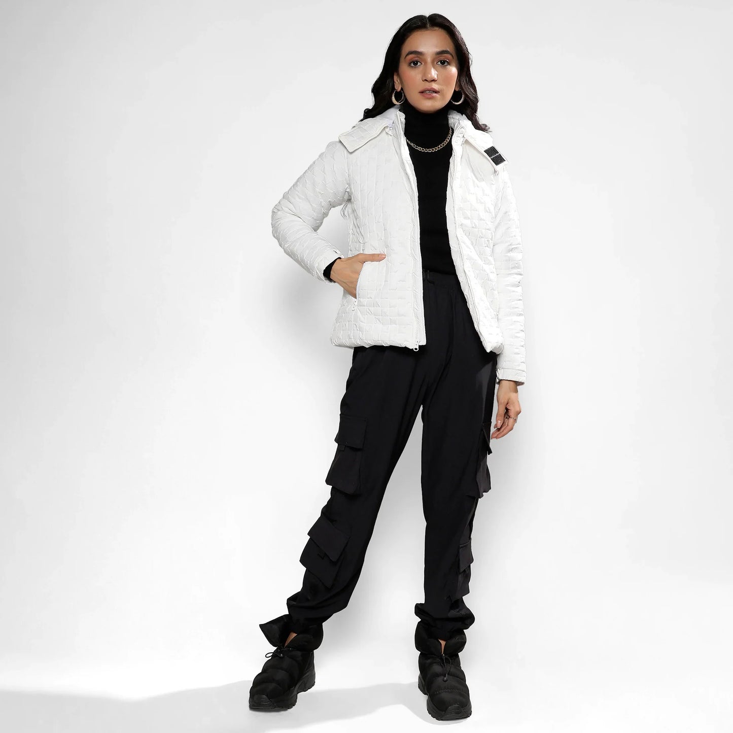 Powder White Buffallo Check Quilted Puffer Jacket