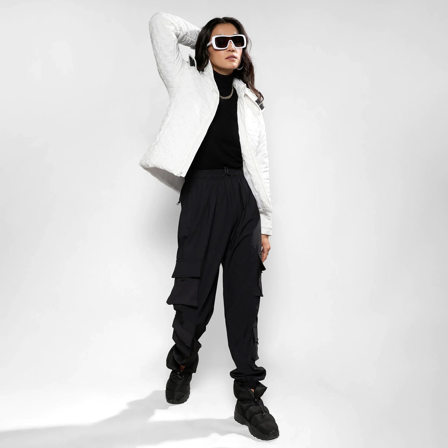 Powder White Buffallo Check Quilted Puffer Jacket