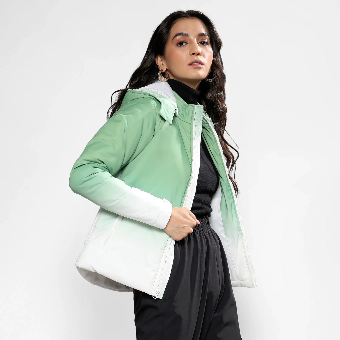 Pistachio Green & Chalk White Ombre Puffer Jacket