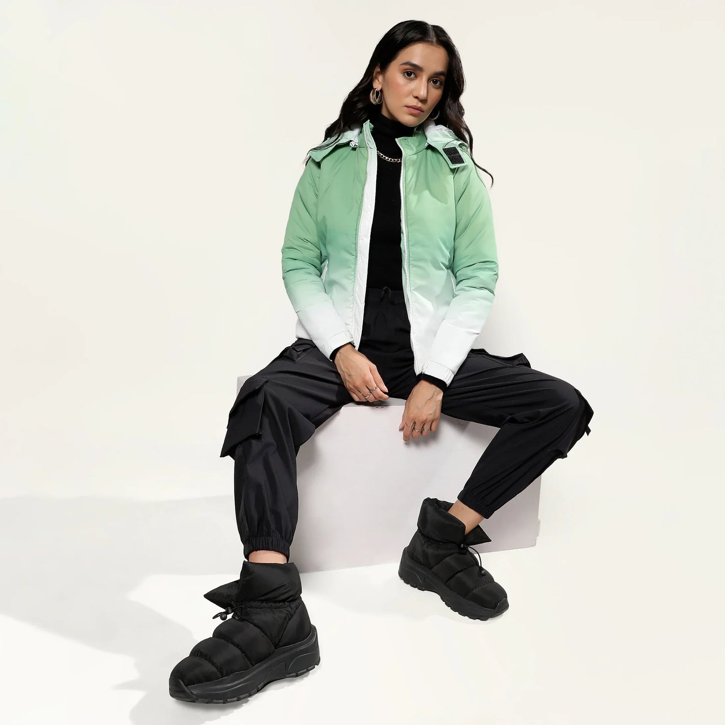 Pistachio Green & Chalk White Ombre Puffer Jacket