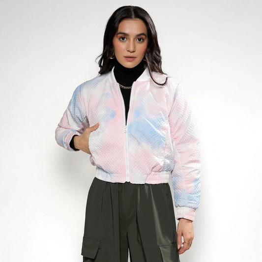 Powder Blue & Blush Pink Tie-Dye Micro Diamond Quilted Puffer Jacket