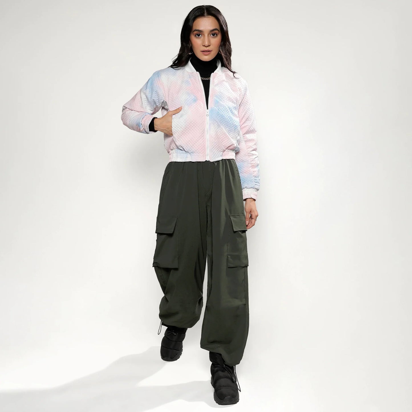 Powder Blue & Blush Pink Tie-Dye Micro Diamond Quilted Puffer Jacket