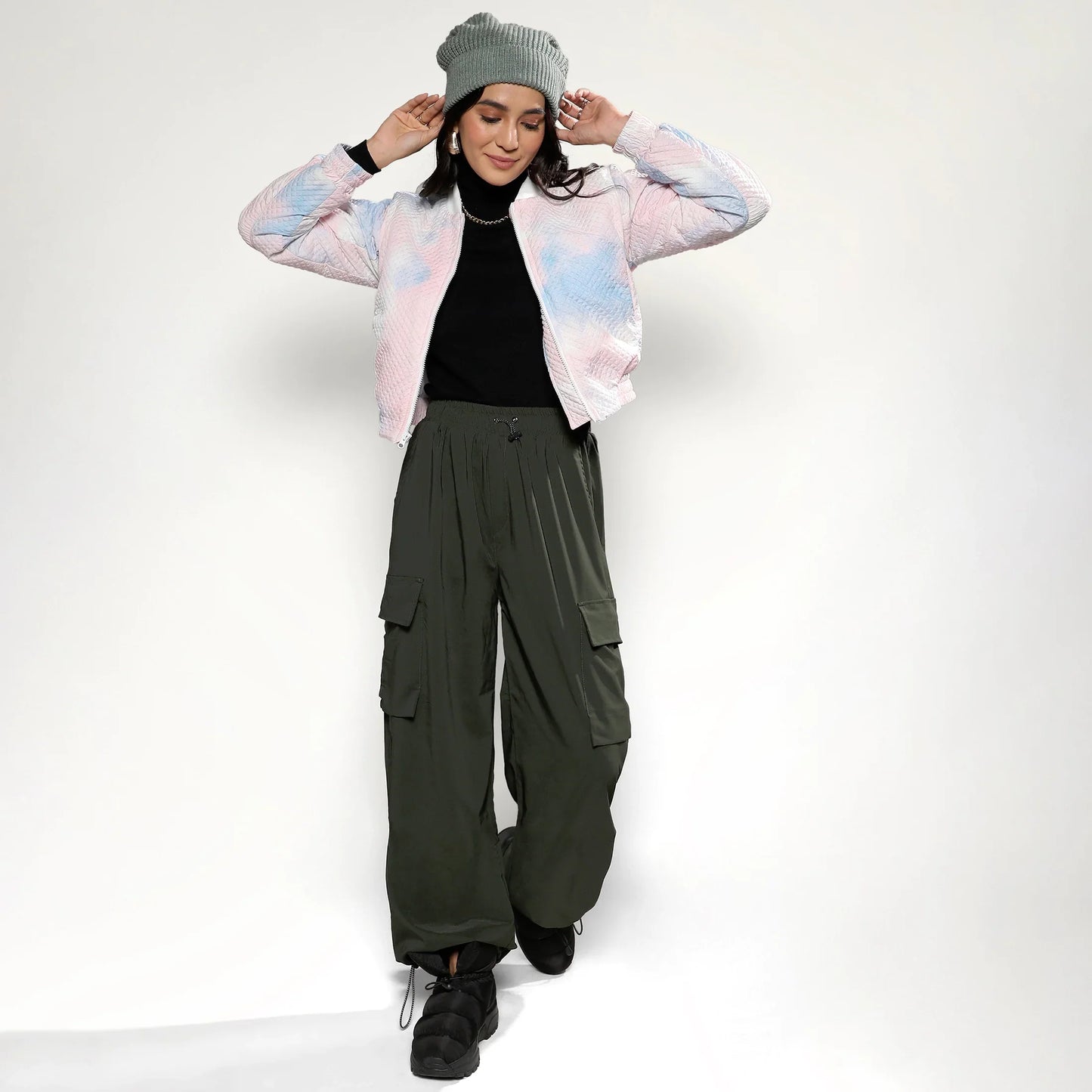 Powder Blue & Blush Pink Tie-Dye Micro Diamond Quilted Puffer Jacket