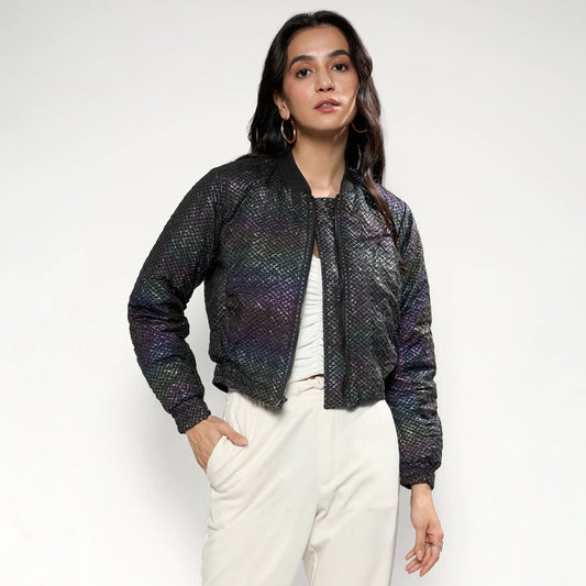 Carbon Black Holographic Print Puffer Jacket