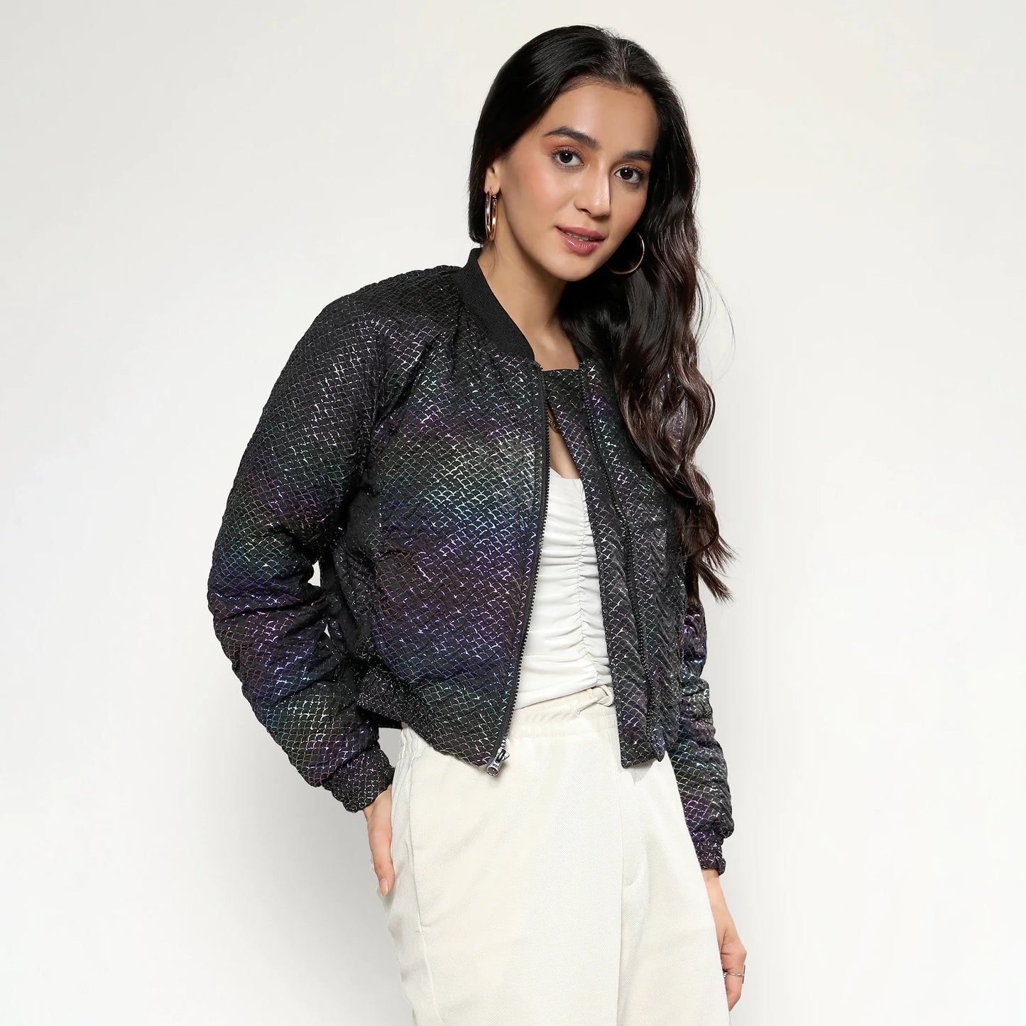 Carbon Black Holographic Print Puffer Jacket