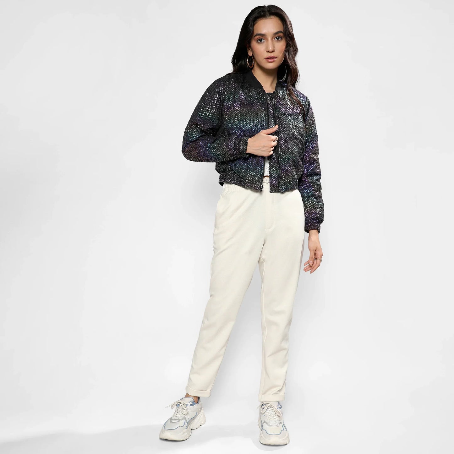 Carbon Black Holographic Print Puffer Jacket