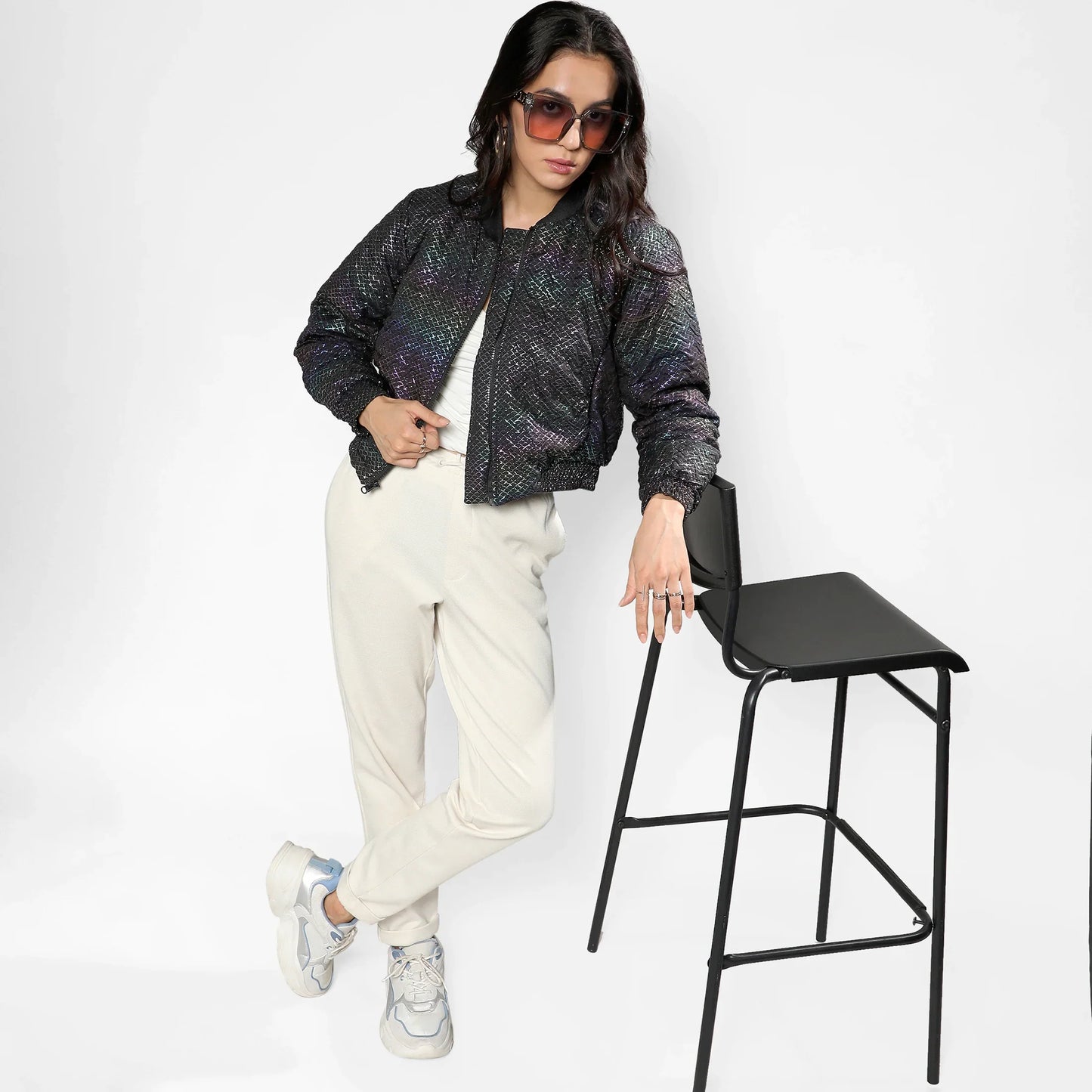Carbon Black Holographic Print Puffer Jacket