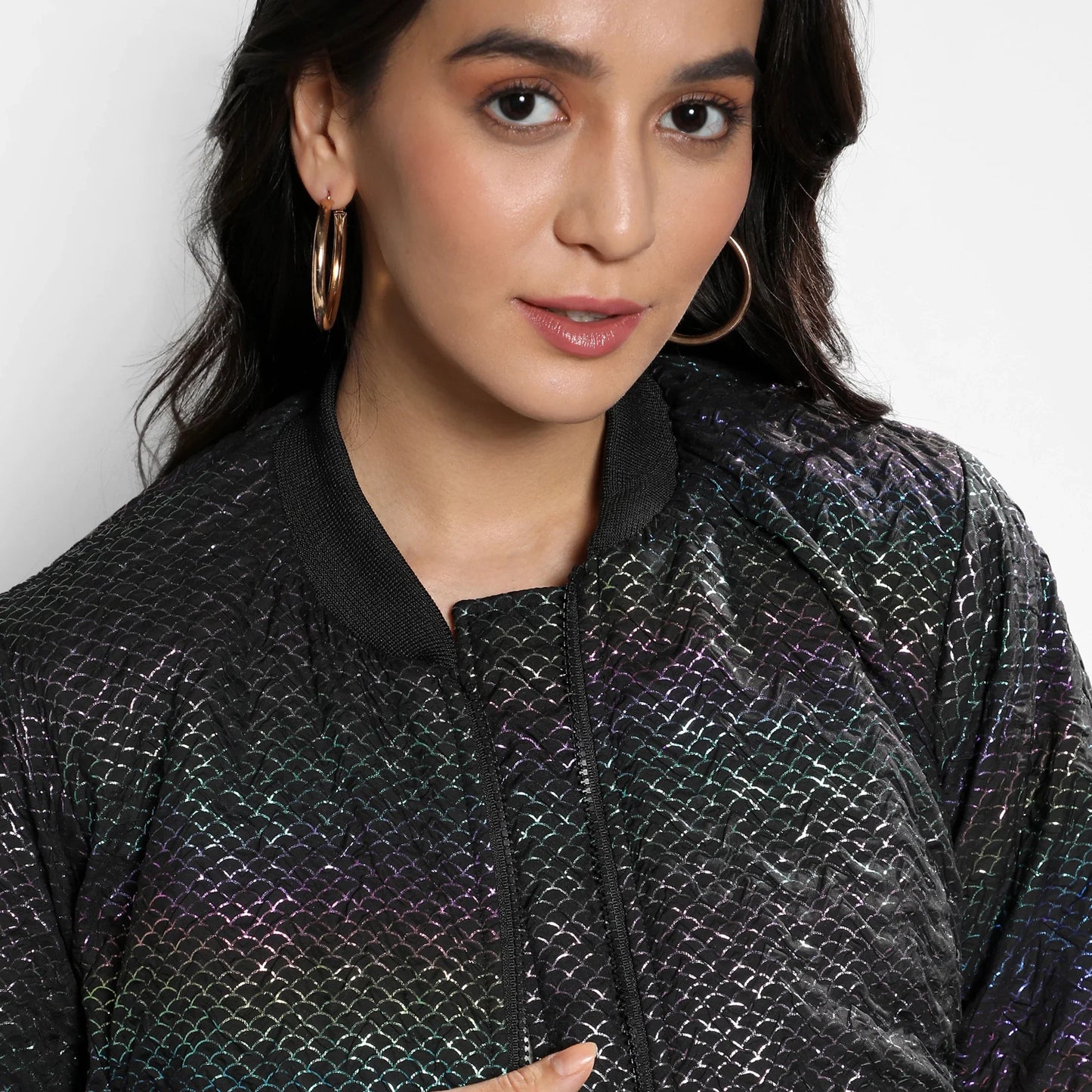Carbon Black Holographic Print Puffer Jacket