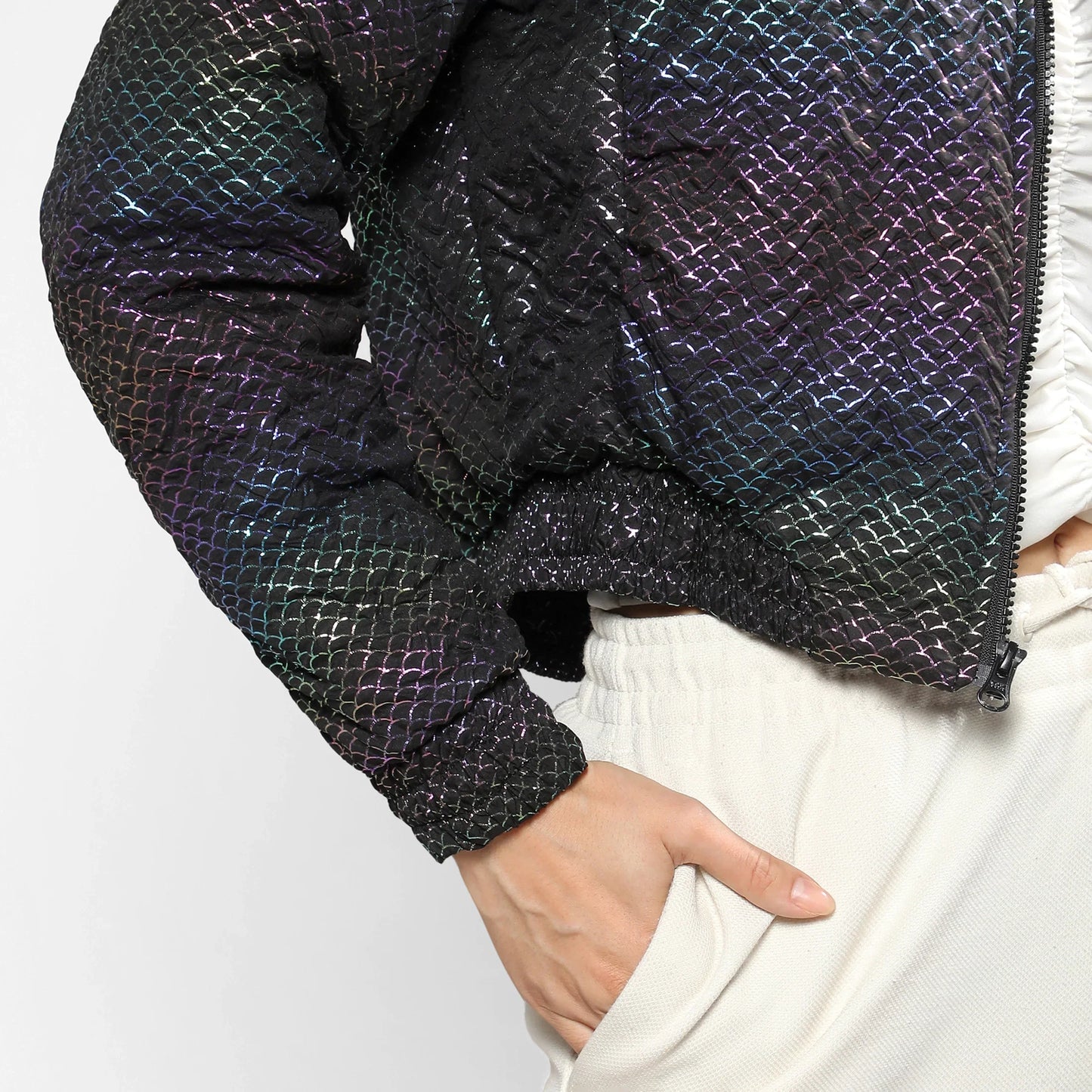 Carbon Black Holographic Print Puffer Jacket
