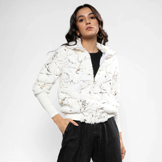 Chalk White Metallic Veined Faux Fur Jacket